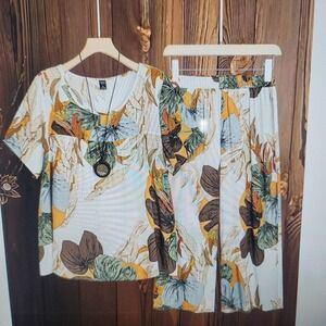 EMERY ROSE Women 1XL Floral Capri‎ Wide Leg Pant Set Boho Tropical Beach Resort